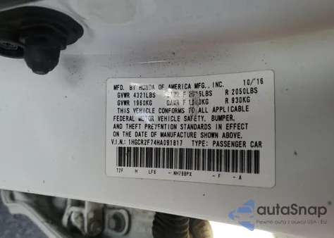 2017 Honda Accord Ex z USA, uszkodzony, nr VIN 1HGCR2F74HA091817